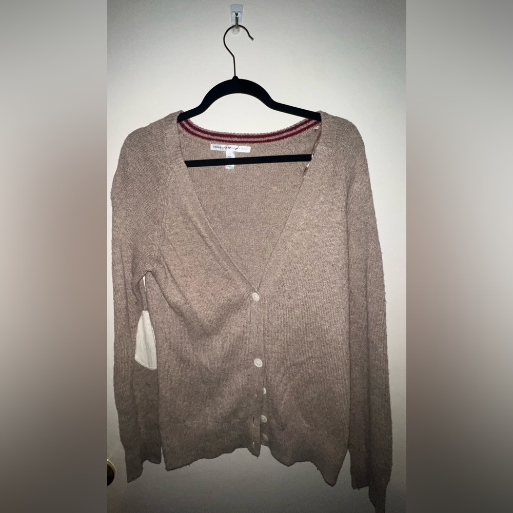 Brown cardigan with tan elbow pads